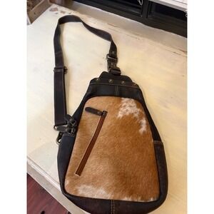 Myra Bag Hair-On Hide Sling Backpack Crossbody Western Brown